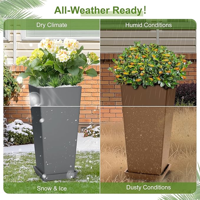 24-Inch Tall Planters Set of 2 for Outdoor and Indoor Use,Tapered Flower Pots with Drainage Tray, Front Porch and Patio Decor,Ideal for Large Plants, Grey