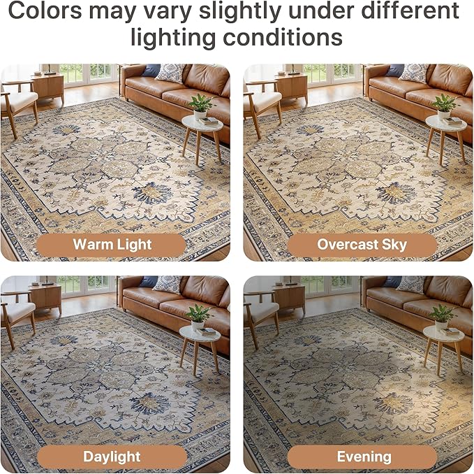 GENIMO 8X10 Area Rugs for Living Room, Machine Washable Vintage Floor Cover Foldable Modern Non Slip Rug， Low Pile Soft Indoor Carpet Floral Print Mat Rug,Bedroom/Dining Room/Home Office,Beige