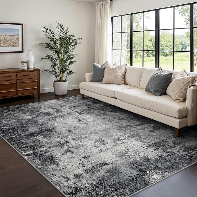 GENIMO 8x10 Washable Area Rugs for Living Room Bedroom, Modern Abstract Low Pile Soft Non Slip Rug, Contemporary Indoor Floor Carpet Cover for Dining Room Kitchen, Ink Wash Grey