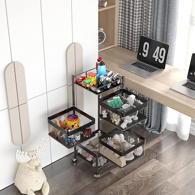 Rotating Kitchen Storage Rack，Bathroom Shelf，Kitchen Organization and Storage，Bathroom Storage Organizer，Fruit Basket，Rolling Carts with Wheels(Black, 4 Tier-Square)