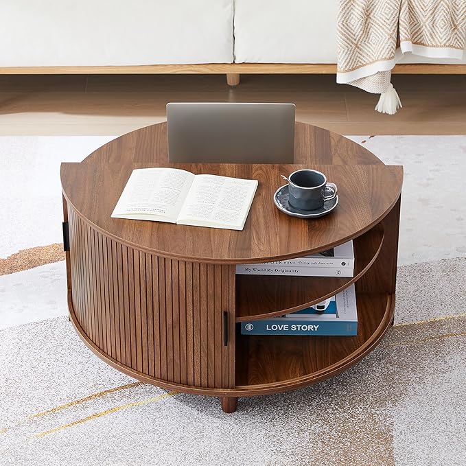 Round Coffee Table, Fluted Coffee Tables with Sliding Doors, Modern Circle Accent Center Table with Storage for Living Room, Apartment, Home Office (Walnut)