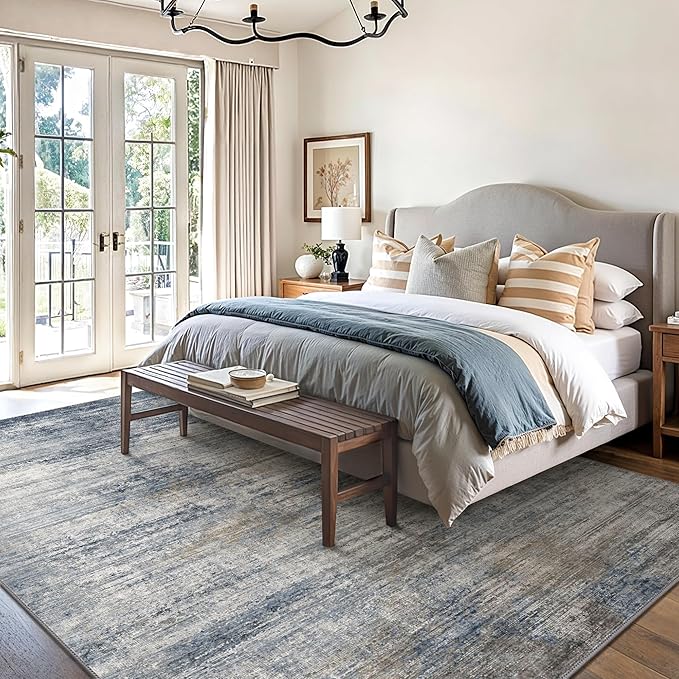 GENIMO Washable Area Rugs for Living Room Bedroom, 8X10 Modern Abstract Non Slip Rug, Low Pile Soft Contemporary Indoor Floor Carpet Cover for Dinning Room Kitchen, Denim Blue Gray
