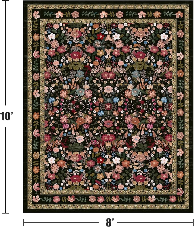 Deerly Large Floral Washable Rugs 8x10 Vintage Black Living Room Carpet Boho Non-Slip Soft Low Pile Thin Bedroom Floor Mat Indoor for Dining Room Playroom Nursery Farmhouse, Black/Multi
