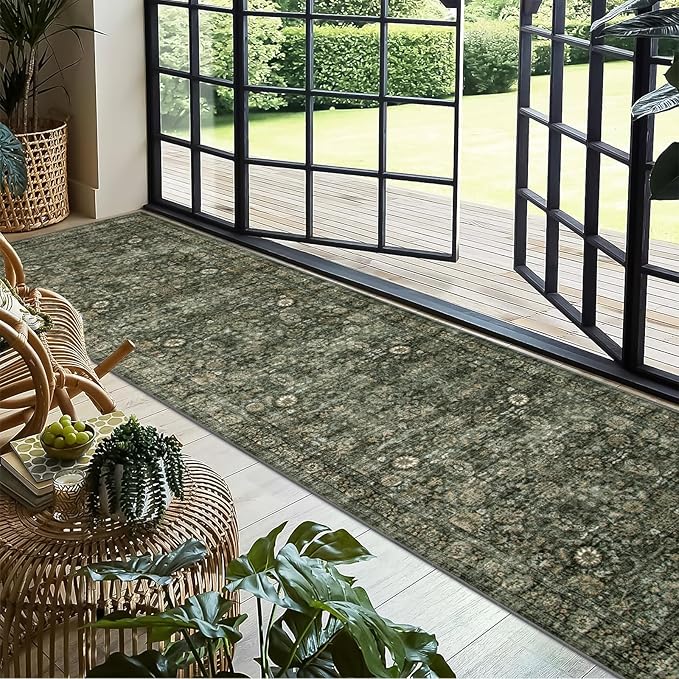 Morebes Vintage 2x10 Runner Rug for Hallway Non Slip,Washable Kitchen Runner Rug for Entryway Indoor,Super Soft Faux Wool Rug for Farmhouse Dining Room Indoor Playroom, Dark Green