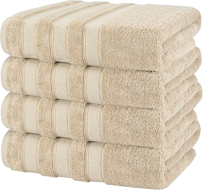American Soft Linen Salem 100% Cotton Turkish 4 Piece Bath Towels for Bathroom, 600 GSM Soft Absorbent Quick Dry Bath Towel Set, Beige