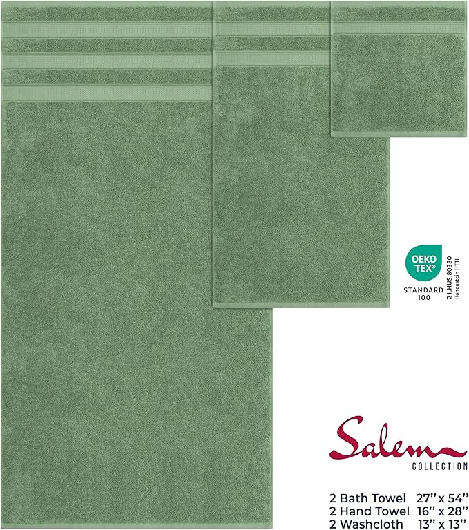 American Soft Linen Salem Turkish Bath Towel Set, 100% Cotton 600 GSM 6 Piece Towels for Bathroom, 2 Bath Towels 2 Hand Towels 2 Washcloths, Sage Green