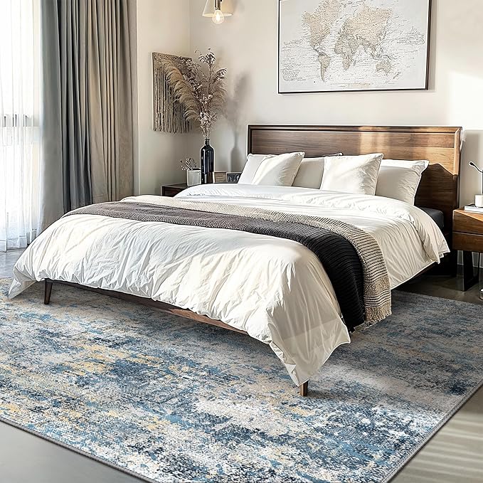 GENIMO Washable Area Rugs for Living Room Bedroom, 8x10 Modern Abstract Non Slip Rug, Low Pile Soft Contemporary Indoor Floor Carpet Cover for Dining Room Kitchen, Royal Blue