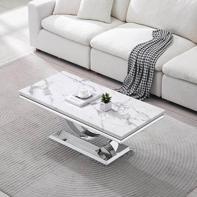 Modern Marble Coffee Table with Stainless Steel Pedestal, 47" Luxury Silver Coffee Table for Living Room, Unique Faux Marble Cocktail Table Rectangle Funky Coffee Center Tables for Living Room