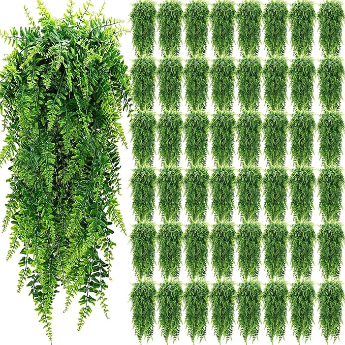 Geosar 48 Pcs Artificial Hanging Plants 32 Inch Hanging Boston Ferns Plastic Fake Plants for Wall Room Garden Wedding Garland Indoor Outdoor Decoration, No Basket