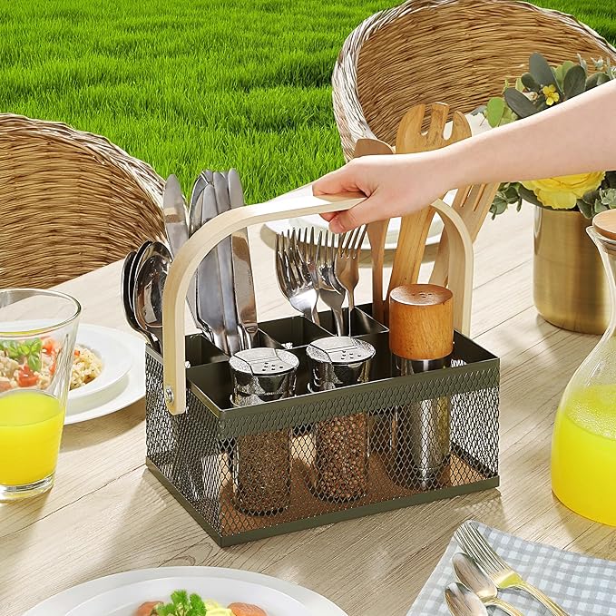 SunnyPoint Utensil Caddy with Plywood Handle – Metal Mesh Silverware & Cutlery Organizer for Kitchen, Picnic, Party, Restaurant & Events (ARMY)