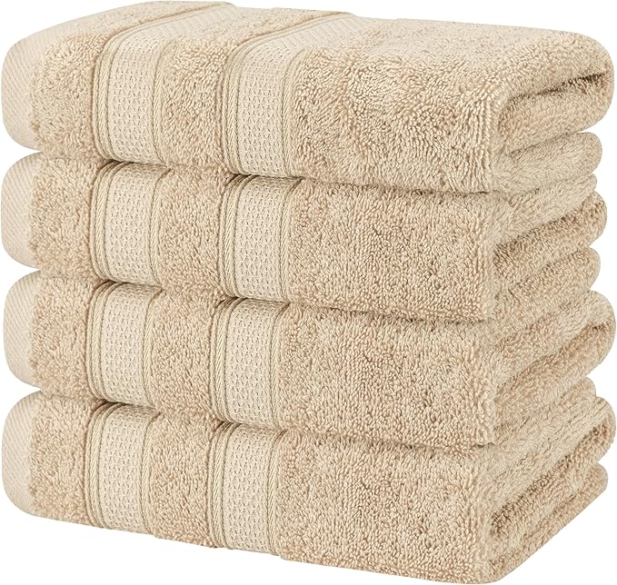 American Soft Linen Salem 100% Cotton Turkish 4 Piece Hand Towels for Bathroom, 600 GSM Soft Absorbent Quickdry Hand Face Towel Set, Beige