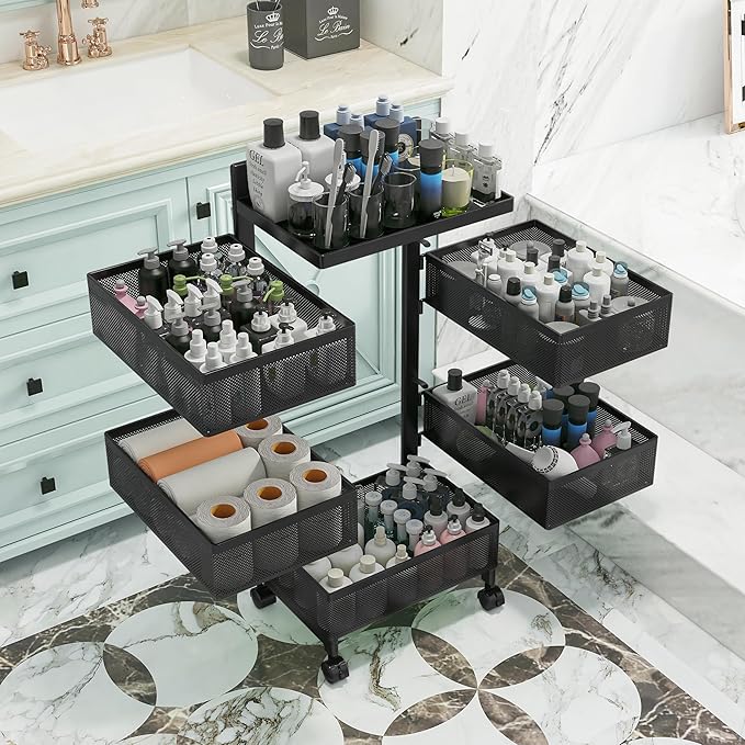 Rolling Rotating Storage Cart No Assembly Required，Bathroom Shelf Fruit and Vegetable Basket for Kitchen,Storage Drawer Organizer Cart ，Metal Utility cart on Wheels(Black, 5 Tier-Square)