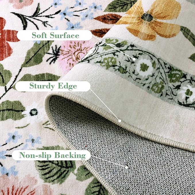 Deerly Large Floral Washable Area Rugs 9x12 for Living Room Vintage Boho Non-Slip Bedroom Carpet Soft Low Pile Thin Floor Mat Indoor for Dining Room Playroom Nursery Farmhouse, Beige/Green/Multi