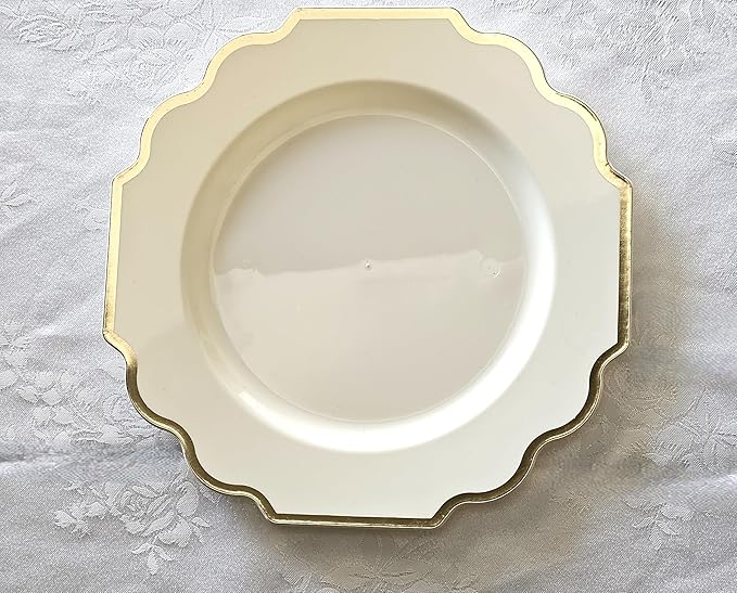 " OCCASIONS " 120 Plates Pack,(60 Guests) Heavyweight Wedding Party Disposable Plastic Plates Set -60 x 10.5'' Dinner + 60 x 8'' Salad/Dessert Plate (Imperial Ivory & Gold)