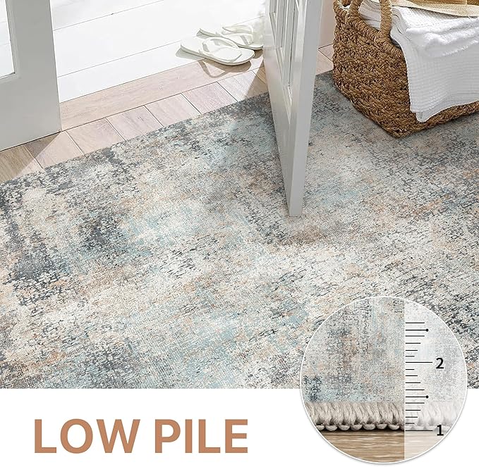 GENIMO Washable Area Rugs for Living Room Bedroom, 10x14 Modern Abstract Non Slip Rug, Low Pile Soft Contemporary Indoor Floor Carpet Cover for Dinning Room Kitchen, Light Blue