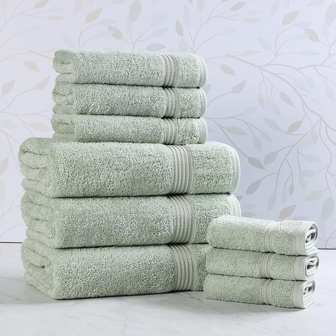Superior Egyptian Cotton 9-Piece Towel Set, Assorted Towels for Home Bathroom, Guest Bath Decor Essentials, Includes 3 Bath, 3 Hand, 3 Face Towels/Washcloths, Quick Dry, Absorbent - Sage