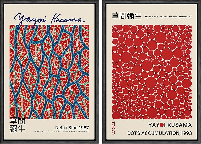 MUDECOR Framed Canvas Print Wall Art Blue Red Dots by Yayoi Kusama Japanese Nature Illustration Modern Art Decorative Multicolor Geometric Minimal for Bedroom - 16"x24"x2 Black