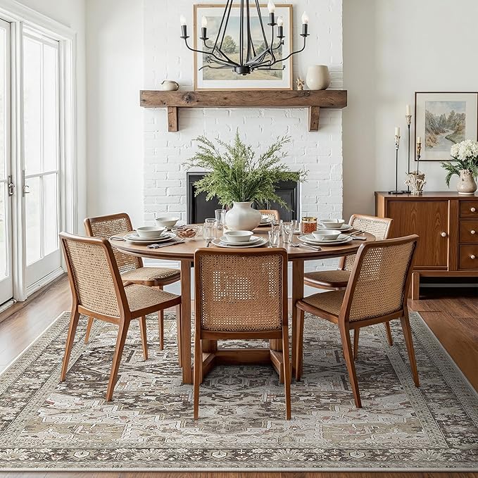 GENIMO 5X7 Area Rugs for Living Room, Machine Washable Vintage Floor Cover Foldable Modern Non Slip Rug, Low Pile Soft Indoor Carpet Floral Print Mat Rug,Bedroom/Dining Room/Home Office,Taupe