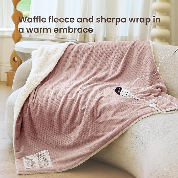 Heated Blanket Electric Throw Waffle, 50x60 Inches Sherpa Fleece Fast Heating Blanket 6 Heating Levels & 4 Hours Auto Off ETL Certification, Pink Throw