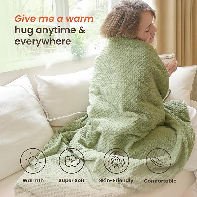 Heated Blanket Electric Throw Waffle, 50x60 Inches Sherpa Fleece Fast Heating Blanket 6 Heating Levels & 4 Hours Auto Off ETL Certification, Sage Throw
