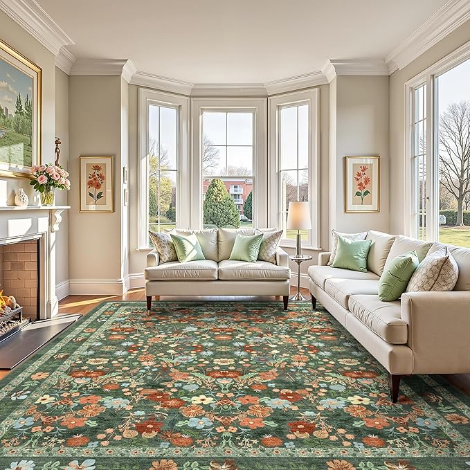 Deerly Green Washable Floral Rugs 8x10 Large Vintage Boho Non-Slip Living Room Carpet Soft Low Pile Thin Bedroom Floor Mat Indoor Home Decor for Dining Room Playroom Nursery Farmhouse, Green/Multi