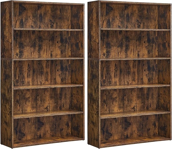 VASAGLE Set of 2 Bookshelves, 30 Inches Wide, 5-Tier Open Bookcases with Adjustable Storage Shelves, Floor Standing Units, Rustic Brown ULBC175X01-2