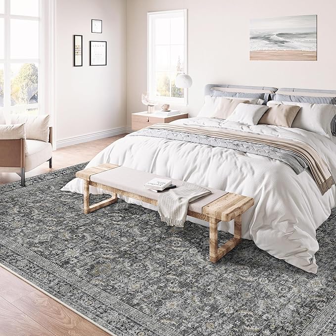 10x14 Washable Area Rug Black Vintage Distressed Living Room Bedroom Large Throw Rug Non Slip Low Pile Soft Accent Indoor Floor Carpet for Dining Room Office Entryway Kitchen