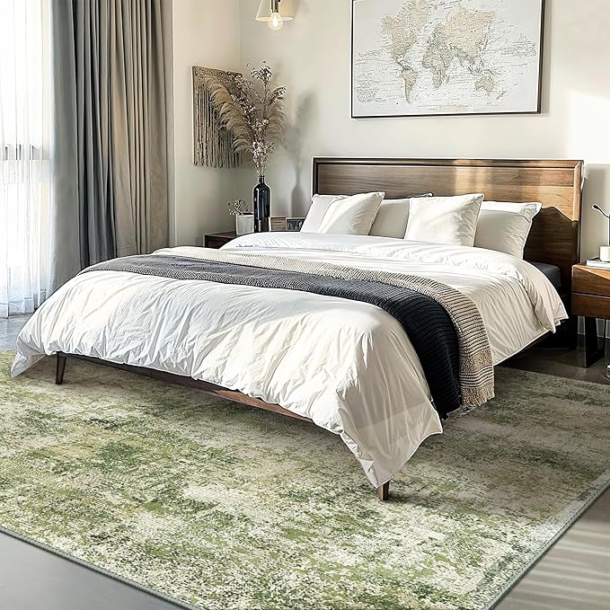 GENIMO Washable Area Rugs for Living Room Bedroom, 8x10 Modern Abstract Non Slip Rug, Low Pile Soft Contemporary Indoor Floor Carpet Cover for Dining Room Kitchen, Green