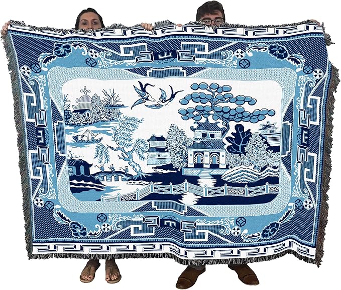 Pure Country Weavers Blue Willow Blanket - Asian Gift Tapestry Throw Woven from Cotton - Made in The USA (72x54)