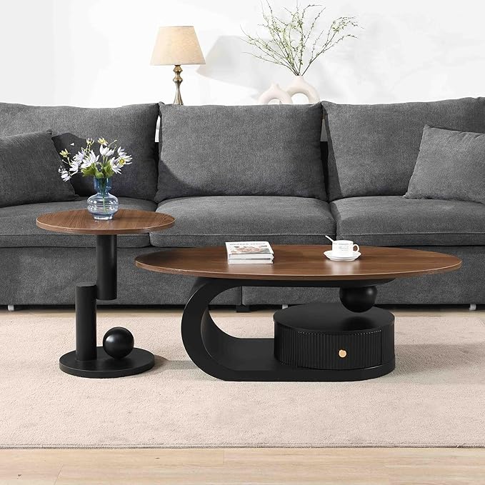 Marble Nesting Coffee Table Set of 2,Modern Oval Center Tea Table and Round Side Nightstand Set w/Drawer and Wood Tabletop and Metal Frame for Living Room Accent Furniture