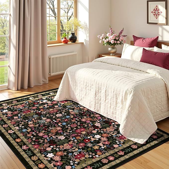 Black Floral Area Rugs 4x6 Washable Living Room Bedroom Carpet - Vintage Boho Thin Non-Slip Soft Low Pile Floor Mat Indoor Home Decor for Dining Room Playroom Farmhouse, Black/Multi