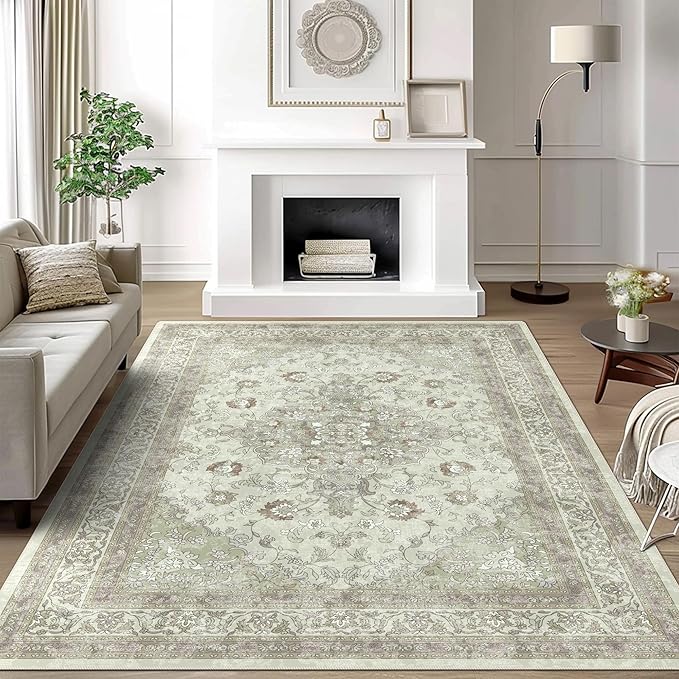 vivorug Sage Green 5x7 Area Rugs - Ultra-Thin Washable Rug with Non-Slip Backing, Ideal for Living Room, Bedroom, Kitchen Floor Carpet - Vintage Floral, Easy Clean, Durable, Low Pile