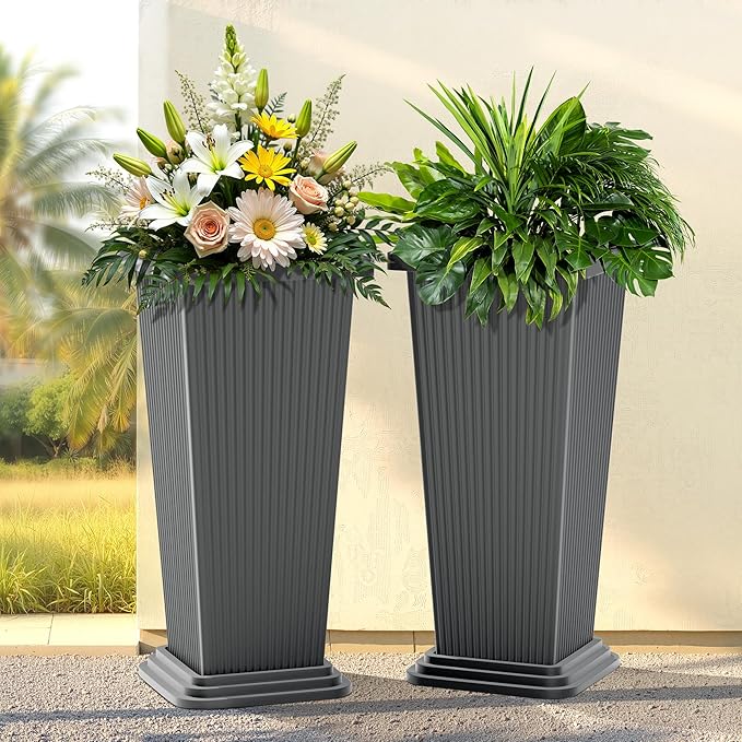 24-Inch Tall Planters Set of 2 for Outdoor and Indoor Use,Tapered Flower Pots with Drainage Tray, Front Porch and Patio Decor,Ideal for Large Plants (Stripes-Grey)