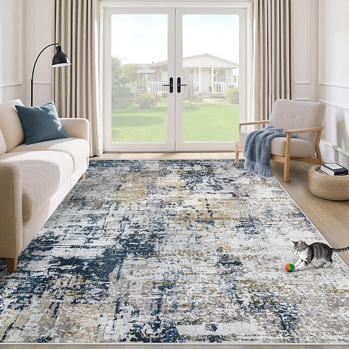 5x7 Area Rugs for Living Room: Washable Modern Abstract Rug Soft Non Slip Rug Indoor Low Pile Carpet for Bedroom Dining Room Home - Blue Grey Brown