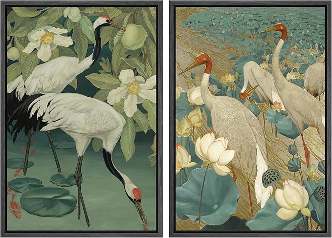 MUDECOR Framed Canvas Print Wall Art Elegant Cranes Among Lotus Flowers Nature Illustrations Modern Art Decorative Multicolor Minimalism for Bedroom - 24"x36"x2 Black