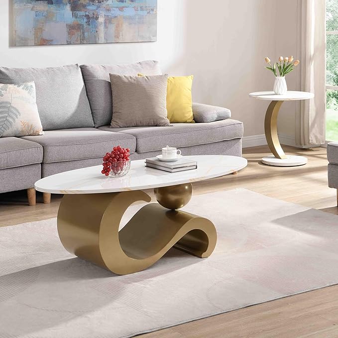 Marble Nesting Coffee Table Set of 2,Modern Oval Center Tea Table and Round Side Nightstand Set w/Faux Marble Top and Metal Frame for Living Room Accent Furniture (Gold)