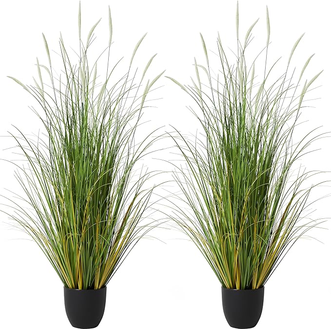 KOL 4ft 2-Pack Artificial Cattail Reed Grass, 47.2’’ Artificial Indoor Outdoor Fake Onion Grass Plant, Home Office Wedding Decorative Potted Plant, Faux Floor Greenery, Housewarming Gift, White