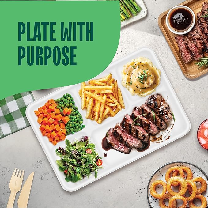 100% Compostable, Large 5 Compartment, Disposable Tray [125-Pack] - [12.5 Inch] Heavy Duty Biodegradable Bagasse Sectional Lunch Trays + Dividers - Divided Platter - (PFAS Free) (BPA Certified)