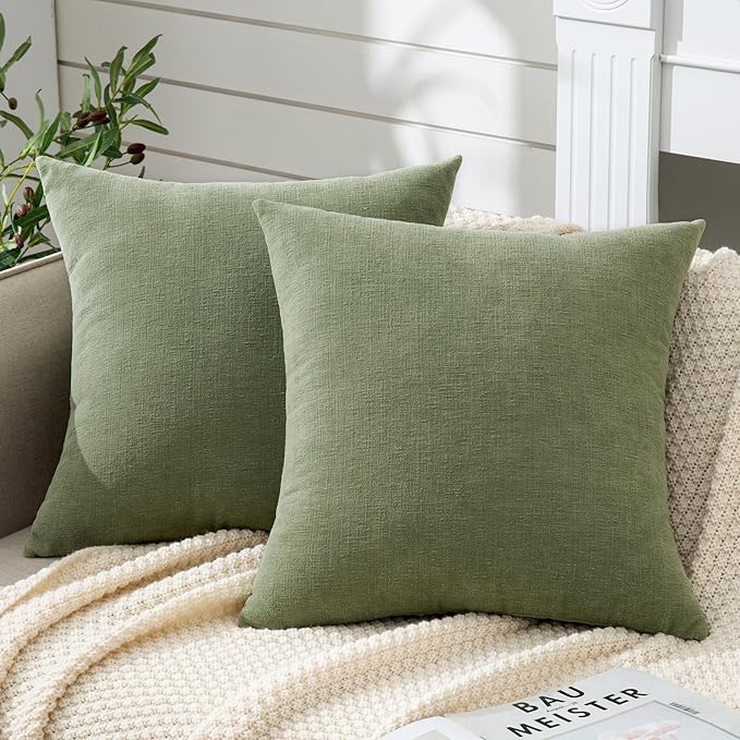 GAWAMAY Decorative Square Throw Pillow Covers 22"x22" Inch Set of 2, Super Soft Chenille Pillows Farmhouse Fall Pillowcase for Living Room Bedroom Sofa Couch Cushion Cover Sage Green 55x55cm