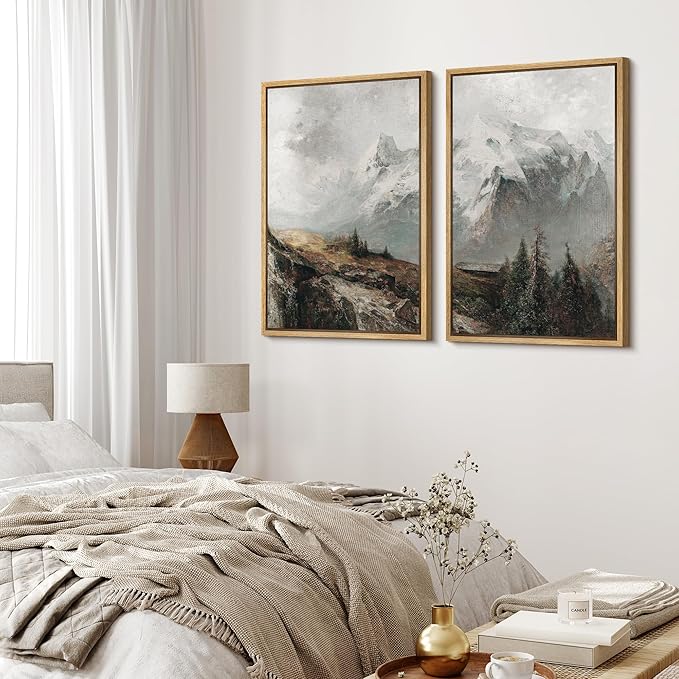MUDECOR Framed Canvas Print Wall Art Majestic Snow-Capped Mountains Alpine Wilderness Nature Wilderness Illustrations Realism Decorative Scenic for Living Room, Bedroom, Office - 16"x24"x2 Natural