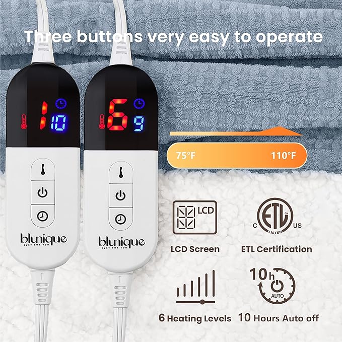 Heated Blanket Electric Blanket King Waffle, 90x100 Inches Dual Controllers Sherpa Fleece Fast Heating Blanket 6 Heating Levels & 10 Hours Auto Off ETL Certification, Haze Blue King