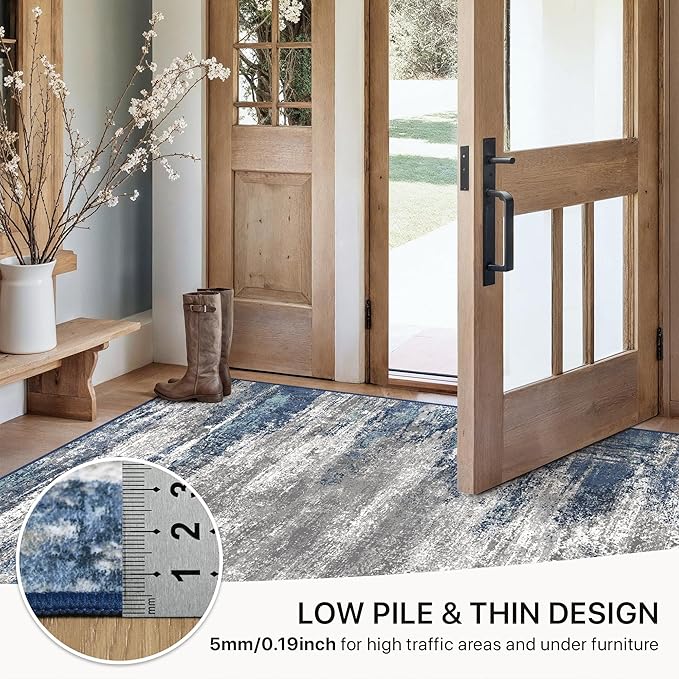 GENIMO Area Rugs 9x12 Living Room, Large Machine Washable Rug Non-Slip, Abstract Modern Soft Low Pile Rugs for Bedroom, Playroom, Dining Room, Blue/Ivory