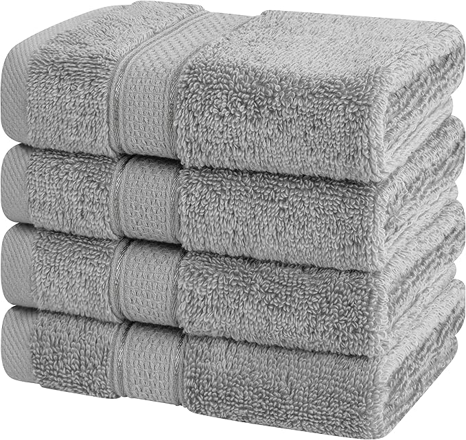 American Soft Linen Salem Washcloth Sets, 4 Piece Luxury 600 GSM 100% Cotton Washcloths for Bathroom, 13x13 inches Washrags Premium Quality Hand Face Towels, Light Grey