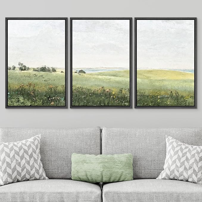 SIGNWIN Framed Canvas Print Wall Art Set Green Pasture Countryside Flower Field Nature Abstract Illustrations Modern Art Decorative Nordic Rustic for Living Room, Bedroom, Office - 24"x36"x3 Black