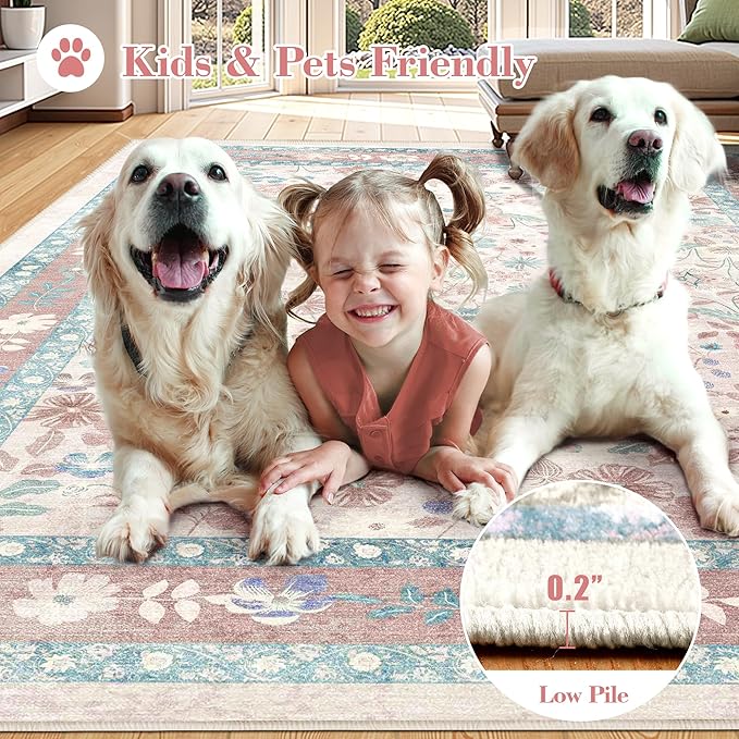Pink Floral Area Rug 6x9 for Living Room Deerly Boho Vintage Large Washable Non-Slip Bedroom Carpet Low Pile Thin Floor Mat Indoor for Playroom Nursery Kids Girls Room Farmhouse, Light Pink/Blue/Multi