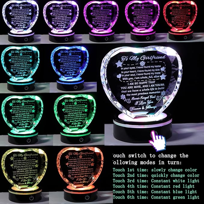 YWHL Gifts for Girlfriend with Colorful Base Romantic Heart Crystal Keepsakes to My Girlfriend Gifts from Boyfriend on Birthday Anniversary I Love You Gifts for Her