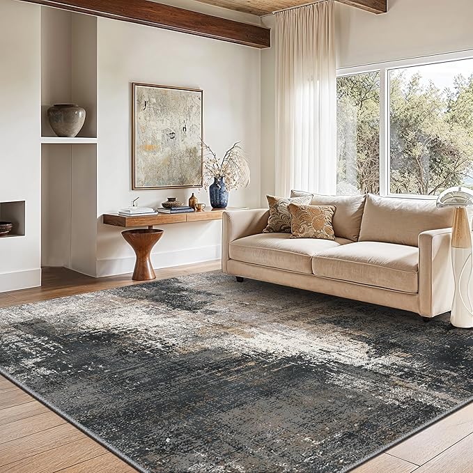 GENIMO Washable Area Rugs for Living Room Bedroom, 6x9 Modern Abstract Non Slip Rug, Low Pile Soft Contemporary Indoor Floor Carpet Cover for Dinning Room Kitchen, Black