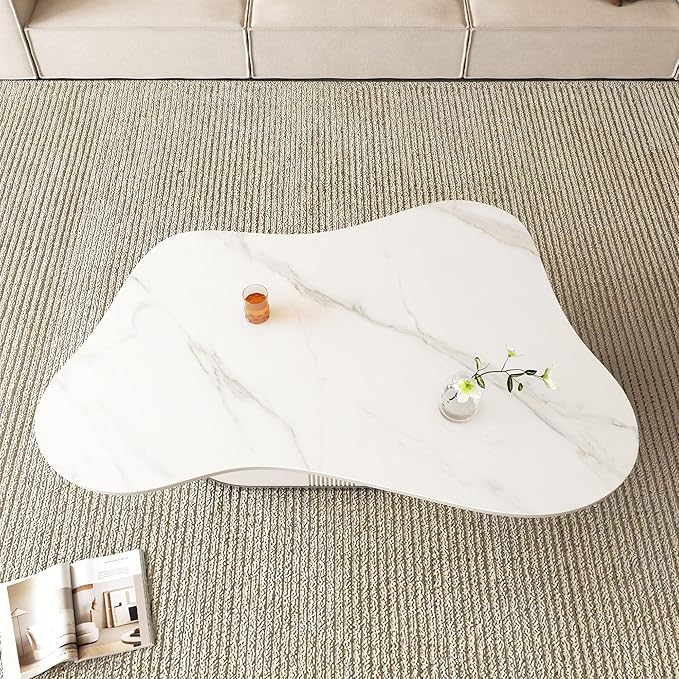 41.7" Marble Coffee Table with Storage Shelf & Drawer, Modern White Silver Coffee Tables for Living Room,Sturdy Stainless Steel Base, Sintered Stone Tabletop, Irregular Tea Cocktail Center Table