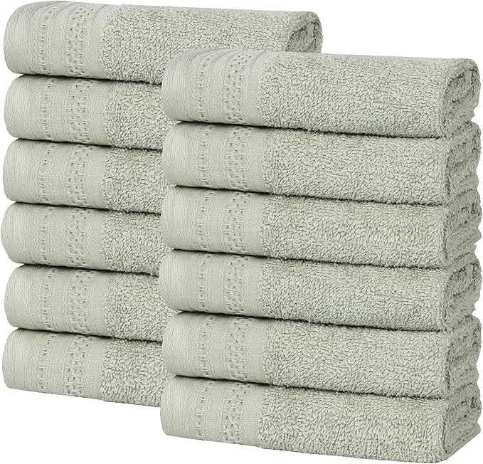 Superior Honeycomb Cotton Medium Weight Towels, for Guest Bath, Master Bathroom, Shower, Quick Dry, Adults, Home Essentials, Textured Waffle Border, Assorted Towel Set, 12 Piece Face Towel Set, Sage