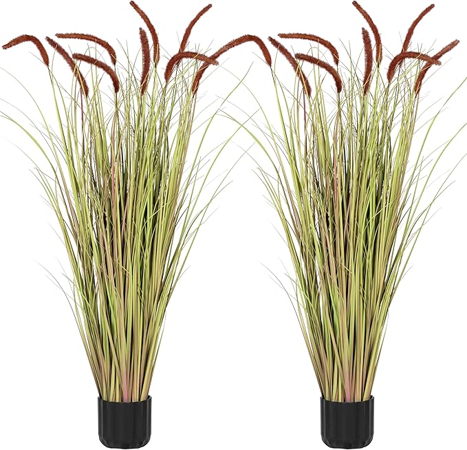 Sunnyglade 4 FT 2-Pack Artificial Horsetail Reed Grass, Fake Topiary Plant Tree in Pot, Cement Filled Pot Faux Flower Plants, Housewarming Gift Potted Bushes for Home Indoor Outdoor Office Decor